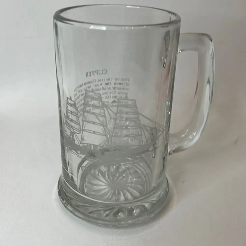 Clipper Sailing Ship Beer Stein Clear Glass White Letters 14 Oz 5 3/4 In Tall
